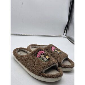 Moon Cake Slippers Shoes Women XL Brown Fuzzy Mushroom Embroidered Open Toe Cozy